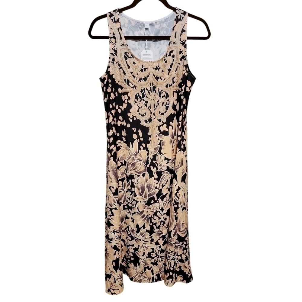 Made with ❤️ love size small long sleeveless dress tan & black abstract pattern